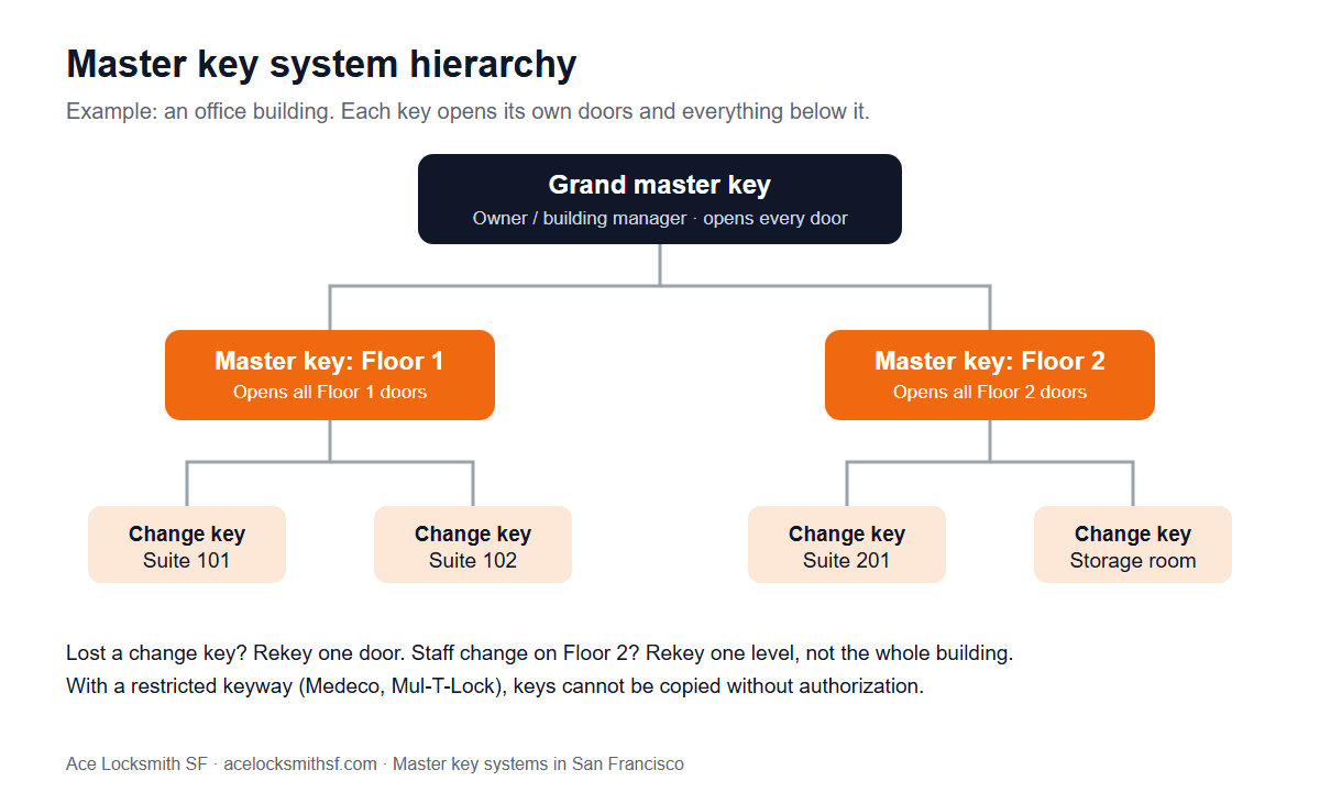 Master key system hierarchy: grand master key opens every door, floor master keys open each floor, change keys open single suites